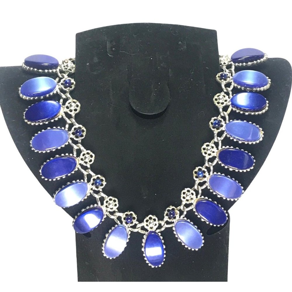 1950s Silver Tone Blue Moon Glow Thermoset Statement Choker Necklace MCM